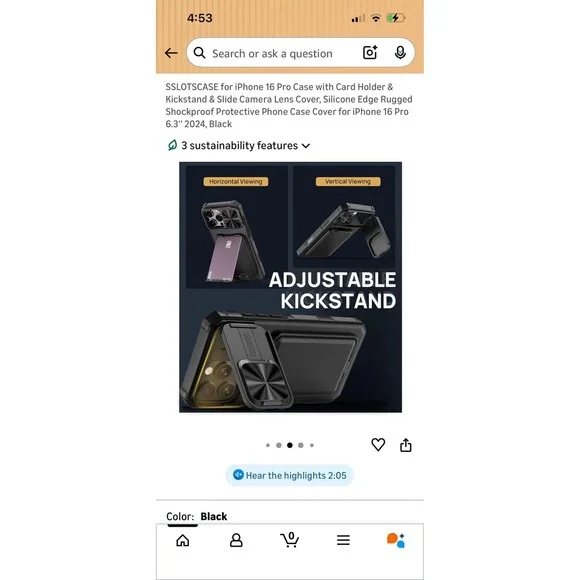 Iphone 16 Pro Case W Card Holder Kickstand Slide Camera Lens Cover 6.3" Blk - Picture 6 of 9